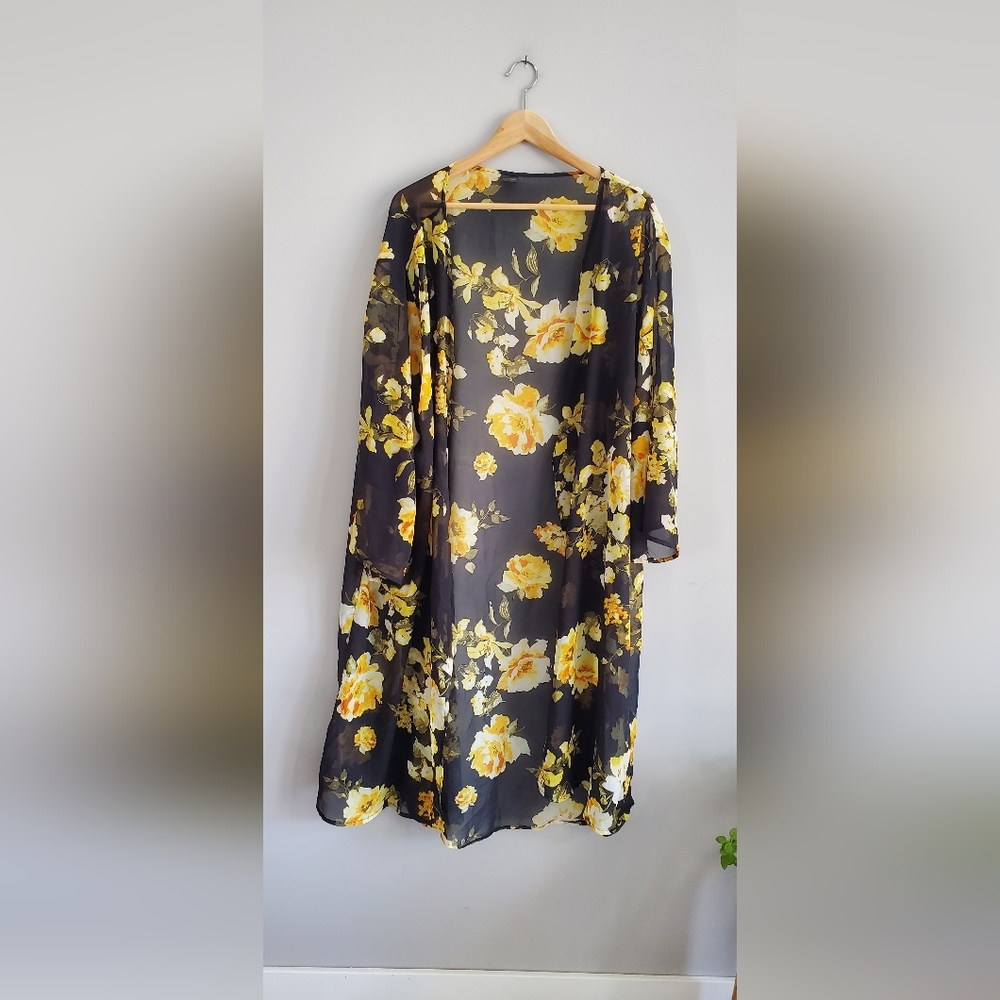 Floral Sheer Swim Coverup - Black and Yellow